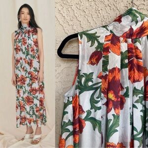 FRAY I.D Shiny Gray Red Floral Printed High Neck Tie Loose Fit Flowy Maxi Dress